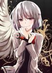  katayama_kei kishin_sagume looking_at_viewer red_eyes short_hair silver_hair single_wing smile solo touhou upper_body wings 