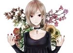  328_(artist) bad_id bad_pixiv_id bangs blonde_hair camellia cherry_blossoms choker cross cross_necklace flower jewelry leaf looking_at_viewer maple_leaf nail_polish necklace original red_eyes red_nails short_hair sleeves_past_wrists solo sunflower swept_bangs upper_body 