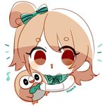  1girl artist_name bow brown_eyes brown_hair chibi commentary crossover eyelashes gen_7_pokemon hair_bow heart highres khee love_live! love_live!_school_idol_project minami_kotori musical_note o8o one_side_up pokemon pokemon_(creature) pokemon_(game) pokemon_sm rowlet 