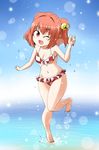  ;d barefoot bell bikini breasts checkered checkered_bikini cleavage frilled_bikini frills full_body hair_bell hair_ornament hips kousei_(public_planet) looking_at_viewer medium_breasts motoori_kosuzu navel one_eye_closed open_mouth red_eyes red_hair smile solo standing standing_on_one_leg swimsuit touhou two_side_up 