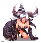  all_fours blush breasts cleavage cloud demon_girl giantess highres horns jmg large_breasts long_hair orange_eyes original silver_hair solo sweatdrop tail 