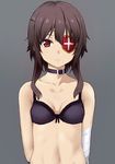  arm_behind_back bandaged_arm bandages black_bra bra breasts brown_hair collar collarbone eyepatch grey_background highres kono_subarashii_sekai_ni_shukufuku_wo! megumin navel no_hat no_headwear puyo red_eyes short_hair small_breasts solo underwear upper_body 