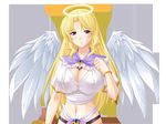  angel angel_wings blonde_hair blush bosei_tenshi_aisias:_owarinaki_haramase_rinkan_no_akumu bracelet breasts cleavage cleavage_cutout detached_collar feathered_wings game_cg halo highres large_breasts light_smile long_hair looking_at_viewer navel purple_eyes rakujin short_sleeves simple_background smile solo upper_body wings 