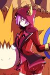  camerupt enomushi gen_3_pokemon gloves highres horns kagari_(pokemon) looking_at_viewer pink_eyes pokemon pokemon_(creature) pokemon_(game) pokemon_oras purple_hair red_gloves red_hood red_shorts short_hair shorts 