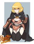  agawa_ryou black_cape black_legwear blonde_hair border breasts cape cleavage clementine_(overlord) garter_belt gauntlets grey_background kneeling large_breasts looking_at_viewer overlord_(maruyama) red_eyes short_hair simple_background smile solo thighs white_border wide_hips 