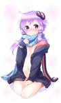  ahoge animal_hood blue_scarf blush bunny_hood eyebrows eyebrows_visible_through_hair hair_ornament hair_tubes hand_on_thigh highres hood jacket long_hair long_sleeves looking_at_viewer manmaru_tamago navel nearly_naked_coat panties print_scarf purple_eyes purple_hair scarf seiza sitting smile snowflake_print solo twintails underwear vocaloid voiceroid white_background white_panties yuzuki_yukari 