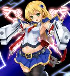  belt black_legwear blazblue blazblue_insignia blonde_hair bolverk capelet dual_persona energy_wings gloves green_eyes gun hair_ornament handgun highres long_hair looking_at_viewer midriff navel noel_vermillion open_mouth shiron_(e1na1e2lu2ne3ru3) shirt skirt solo thighhighs thighs very_long_hair weapon white_gloves zettai_ryouiki 