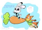  2016 anthro barefoot canid canine carrot clothed clothing disney food fox fur judy_hopps lagomorph mammal nick_wilde rabbit simple_background smile vegetable zootopia ロッティ 