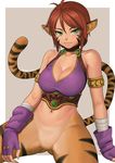  animal_ears antenna_hair armlet bottomless breasts breath_of_fire breath_of_fire_ii cat_ears cat_tail cleavage dated facial_mark fingerless_gloves fingernails gloves green_eyes large_breasts lasterk looking_at_viewer navel pointy_ears red_hair rinpoo_chuan sharp_fingernails short_hair signature sitting smile solo tail tiger_stripes whisker_markings 
