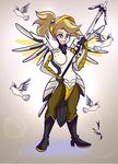  absurdres bird blonde_hair blue_eyes crossover dove frank_araya high_heels high_ponytail highres long_hair mechanical_halo mechanical_wings mercy_(overwatch) overwatch parody ponytail smile solo staff team_fortress_2 wings 