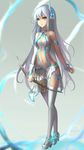  bad_id bad_pixiv_id bow_(weapon) breasts cleavage detached_sleeves long_hair navel original pointy_ears revealing_clothes single_detached_sleeve small_breasts solo thighhighs wangchuan_de_quanyan weapon white_hair yellow_eyes 