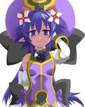  adjusting_hair animal_ears bangs bare_shoulders blush bow breasts detached_sleeves dress elbow_gloves extra_ears gloves hair_ornament hat long_hair looking_at_viewer matsuhime_mujina otoo_(izanagi) pointy_ears purple_eyes purple_hair raccoon_ears shinrabanshou small_breasts smile solo upper_body white_background white_gloves 