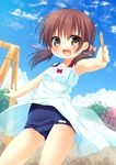  blush brown_eyes brown_hair dress hanamiya_natsuka highres low_twintails original school_swimsuit short_hair smile solo swimsuit swimsuit_under_clothes twintails 