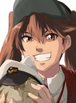  brown_eyes brown_hair cat face grin hat kantai_collection military_hat ryuujou_(kantai_collection) smile twintails visor_cap yuuki_(yuuki333) 