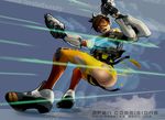  anus artist_name ass black_hair gloves goggles gradient gradient_background gun lips open_mouth overwatch pussy pussy_juice short_hair solo torn_clothes tracer_(overwatch) weapon 