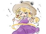  blonde_hair closed_eyes commentary_request hair_ribbon hammer_(sunset_beach) hat hoop hula_hoop long_hair moriya_suwako open_mouth ribbon skirt skirt_set smile solo touhou wide_sleeves 