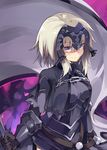  absurdres armor banner blonde_hair fate/grand_order fate_(series) gauntlets highres jeanne_d'arc_(alter)_(fate) jeanne_d'arc_(fate)_(all) long_hair looking_at_viewer normaland smile solo weapon yellow_eyes 
