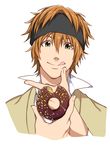  :p brown_hair doughnut food green_eyes hifumi_(3b_x) idolmaster idolmaster_side-m licking_lips looking_down male_focus open_mouth orange_hair simple_background smile solo sweatband tongue tongue_out upper_body wakazato_haruna white_background 