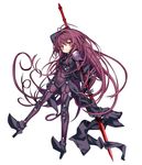  armor armored_boots bodysuit boots covered_navel fate/grand_order fate_(series) full_body gae_bolg high_heels holding holding_weapon long_hair looking_at_viewer parted_lips purple_bodysuit purple_hair red_eyes scathach_(fate)_(all) scathach_(fate/grand_order) shino_(eefy) shoulder_armor simple_background solo very_long_hair weapon younger 