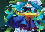  :d bangs bare_shoulders barefoot blue_dress blue_eyes blue_hair breasts character_name cleavage copyright_name curry_bowl dress etwahl eyebrows eyebrows_visible_through_hair floral_background flower full_body hair_ornament head_tilt instrument large_breasts leaf league_of_legends light_particles long_hair long_sleeves looking_at_viewer music open_mouth petals playing_instrument smile solo sona_buvelle twintails very_long_hair white_flower wide_sleeves 