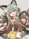  :d animal_ears blush breasts claw_(weapon) claws collar commentary_request erune fangs foreshortening granblue_fantasy grey_hair head_tilt highres incoming_hug kazami_chiu large_breasts long_hair looking_at_viewer open_mouth outstretched_arms red_eyes sen_(granblue_fantasy) smile solo upper_body weapon 