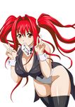  bare_shoulders breasts brown_eyes cleavage curvy female hair_ornament ikkitousen kanpei large_breasts leaning_forward legs leotard long_hair long_twintails looking_at_viewer red_hair smile solo standing thighhighs twintails v 