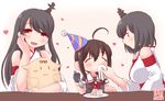  :3 :d ahoge bare_shoulders black_hair brown_hair cake closed_eyes closed_mouth commentary_request dated detached_sleeves food fork fusou_(kantai_collection) hair_ornament hat heart highres kanon_(kurogane_knights) kantai_collection long_hair multiple_girls nontraditional_miko open_mouth party_hat shigure_(kantai_collection) short_hair smile the_yuudachi-like_creature wide_sleeves wiping_mouth yamashiro_(kantai_collection) younger |_| 