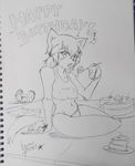  abs animal_ears cake collar dog_ears dog_tail dumbbell eating fang food fork fur hand_wraps happy_birthday headband holding holding_fork kobold leaning_to_the_side looking_at_viewer midriff monochrome monster_girl monster_musume_no_iru_nichijou nayaase_beleguii open_mouth panties polt sharp_teeth shorts shorts_aside shorts_removed signature sitting solo tail tank_top teeth thong underwear underwear_only 
