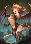  breasts brown_hair center_opening darkers dragon_girl dragon_horns dragon_tail dragon_wings fantasy gloves green_eyes highres horns long_hair medium_breasts monster_girl navel open_mouth original pointy_ears sketch solo tail underboob wings 