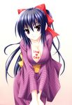  absurdres blue_hair bow breasts cleavage covered_nipples hair_bow highres japanese_clothes kimono large_breasts leaning_forward long_hair matra_milan noihara_himari official_art omamori_himari ponytail purple_eyes smile solo very_long_hair 