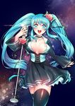  black_legwear blue_eyes blue_hair breasts butterfly_tattoo choker corset cowboy_shot dress hatsune_miku large_breasts long_hair looking_at_viewer microphone microphone_stand open_mouth rewolf solo tattoo thighhighs twintails very_long_hair vocaloid 