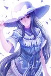  adjusting_clothes adjusting_hat backlighting bow dress frilled_dress frills hat hat_bow head_tilt long_hair original purple_eyes purple_hair sakimori_(hououbds) short_sleeves smile solo sun_hat upper_body white_background 