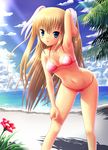  armpits beach bent_over bikini blue_eyes breasts cleavage flower hair_ornament highres light_brown_hair little_busters! long_hair looking_at_viewer navel outdoors sideboob small_breasts solo swimsuit tokido_saya underboob yamakamu 