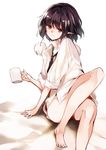  bare_legs barefoot bed_sheet black_hair bottomless brown_eyes collared_shirt cup eyebrows head_tilt ken_(coffee_michikusa) long_sleeves mug necktie no_pants on_bed pointy_ears pom_pom_(clothes) shameimaru_aya shirt short_hair simple_background sitting solo thighs touhou white_background 