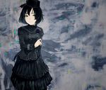 abstract_background black_dress black_flower black_hair black_rose blush bow corsage dress flower frilled_dress frills gothic_lolita green_eyes hat hat_bow highres jewelry light_smile lolita_fashion looking_at_viewer nimirom_(6403aghm) original ring rose short_hair solo 
