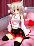  animal_ears bare_shoulders black_legwear blush breasts detached_sleeves hat highres inubashiri_momiji midriff miniskirt navel pom_pom_(clothes) red_eyes ribbon-trimmed_sleeves ribbon_trim short_hair silver_hair sitting skirt solo suigetsu_(watermoon-910) tail thighhighs tokin_hat touhou wide_sleeves wolf_ears wolf_tail 