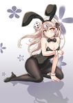  absurdres animal_ears bow bowtie breasts bunny_ears bunny_tail bunnysuit cenangam cleavage detached_collar dice elsword eve_(elsword) highres large_breasts long_hair pantyhose silver_hair solo tail wrist_cuffs yellow_eyes 