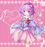  character_name cowboy_shot hairband heart komeiji_satori long_sleeves looking_at_viewer open_mouth pink_skirt plant purple_eyes purple_hair purple_hairband rikatan shirt short_hair skirt sleeves_past_wrists solo striped striped_background third_eye touhou vines wide_sleeves 