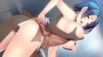  apron ass blush breast_grab breasts censored dutch_angle earrings game_cg grabbing grabbing_from_behind green_hair hara_katsu jewelry large_breasts mosaic_censoring naked_apron nipples open_mouth penis purple_eyes ryuuki_yumi sex short_hair solo_focus umi_kirika vaginal 