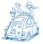  aki_(girls_und_panzer) bangs bbb_(friskuser) blue bubble_blowing car chewing_gum commentary_request emblem fiat_500 girls_und_panzer greyscale ground_vehicle hand_on_headwear hands_in_pockets instrument jacket kantele keizoku_(emblem) keizoku_military_uniform keizoku_school_uniform long_hair low_twintails map md5_mismatch mika_(girls_und_panzer) mikko_(girls_und_panzer) military military_uniform monochrome motor_vehicle multiple_girls on_vehicle one_eye_closed open_mouth pants school_uniform simple_background sitting sitting_on_object track_jacket track_pants translation_request twintails uniform white_background wind wind_lift 