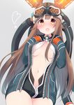  :o bad_id bad_pixiv_id bangs black_gloves blush bodysuit breast_suppress breasts brown_hair cable center_opening cowboy_shot gloves goggles goggles_on_head grey_background hair_flaps heart heart-shaped_pupils helmet hexagon highres iona_(last_period) jacket kerchief last_period long_hair long_sleeves looking_at_viewer medium_breasts navel nekoume open_clothes open_mouth sailor_collar simple_background solo stomach symbol-shaped_pupils underboob unzipped zipper 