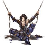  armor armored_boots black_hair blue_armor boots bruise chain chained full_body granblue_fantasy injury lancelot_(granblue_fantasy) male_focus minaba_hideo official_art sitting solo torn_clothes transparent_background wavy_hair 
