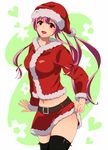  belt black_legwear gasai_yuno hat long_hair mirai_nikki navel open_mouth pink_eyes pink_hair red_hat red_skirt santa_costume santa_hat skirt skirt_lift solo thighhighs zettai_ryouiki 