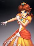  1girl blue_eyes brown_hair crown dress earrings flower_earrings frilled_dress frills gem gloves grin jewelry lips looking_at_viewer mario_(series) nintendo outstretched_arm princess princess_daisy puffy_short_sleeves puffy_sleeves short_hair short_sleeves smile solo super_mario_land super_smash_bros. tomboy white_gloves yellow_dress 