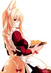  animal_ears apron blonde_hair braid bread breasts dated dress food fox_ears fox_tail konshin large_breasts long_hair long_sleeves looking_at_viewer looking_back maid original oven_mitts puffy_sleeves red_eyes signature simple_background smile solo tail very_long_hair white_background 