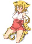  animal_ears bangs bare_shoulders blonde_hair blush cat_girl collar facial_mark full_body looking_at_viewer markings original otoo_(izanagi) paws pink_eyes short_hair sitting solo tail tiger_ears tiger_tail white_background 