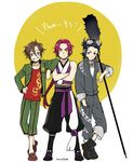  black_hair brown_hair crossed_arms goggles goggles_on_head grin japanese_clothes jumpsuit male_focus multiple_boys nihongou_(touken_ranbu) orange_eyes otegine ponytail red_eyes red_hair smile sumeragi_kohaku tonbokiri_(touken_ranbu) touken_ranbu translated younger 