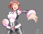  2016 9rimson ass_visible_through_thighs belt bodysuit boku_no_hero_academia breasts cameltoe clenched_hand covered_navel covered_nipples dated grey_background large_breasts looking_to_the_side open_mouth outstretched_arm red_eyes red_hair revision shiny shiny_clothes shiny_hair short_hair signature simple_background smile solo teeth thick_thighs thighs uraraka_ochako 