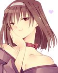  breasts brown_hair choker cleavage collarbone hairband hand_on_own_cheek heart japanese_clothes kanzaki_sumire kimono light_smile lips looking_at_viewer medium_breasts mole mole_under_eye red_eyes red_ribbon ribbon ribbon_choker sakura_taisen simple_background solo upper_body wato white_background 