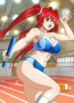  breasts brown_eyes cleavage curvy female hair_ornament ikkitousen kanpei large_breasts legs long_hair long_twintails looking_at_viewer midriff navel open_mouth red_hair running smile solo twintails v 
